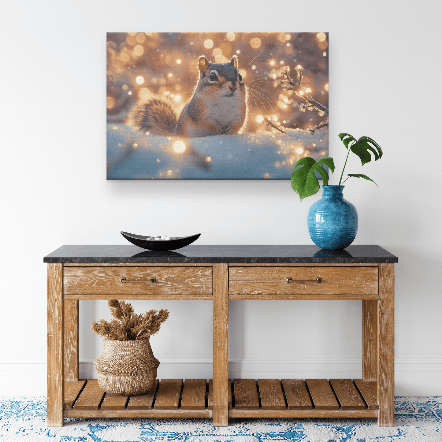 Chipmunk In Snowy Forest Surrounded By Glowing Frost Covered Branches And Twinkling Snowflakes Canvas Wall Art Decor - Awakening Righteousness
