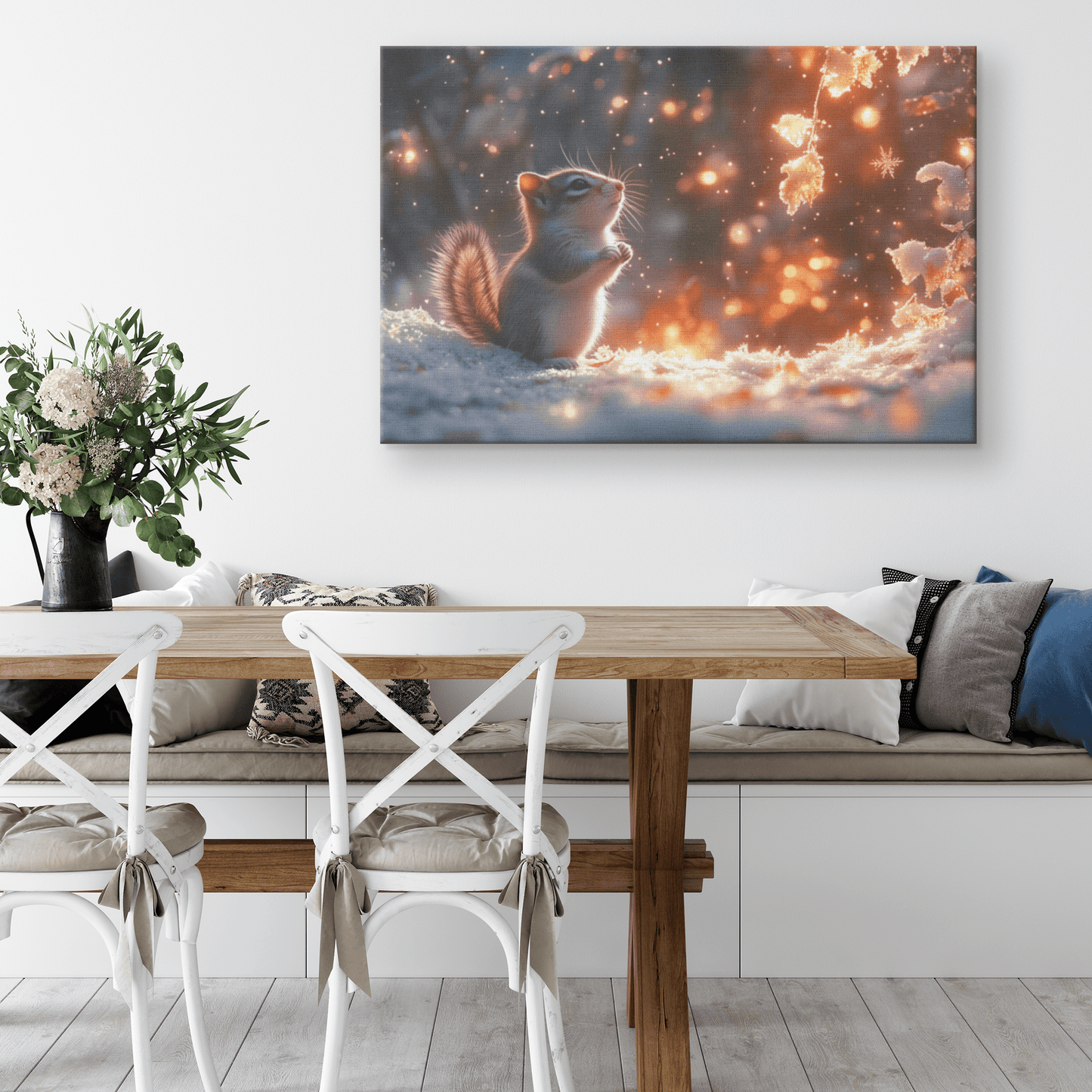 Chipmunk In Snowy Forest Surrounded By Glowing Frost Covered Branches And Twinkling Snowflakes Canvas Wall Art Decor - Awakening Righteousness