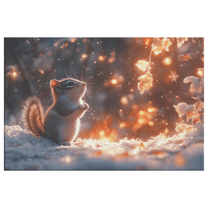 Chipmunk In Snowy Forest Surrounded By Glowing Frost Covered Branches And Twinkling Snowflakes Canvas Wall Art Decor - Awakening Righteousness