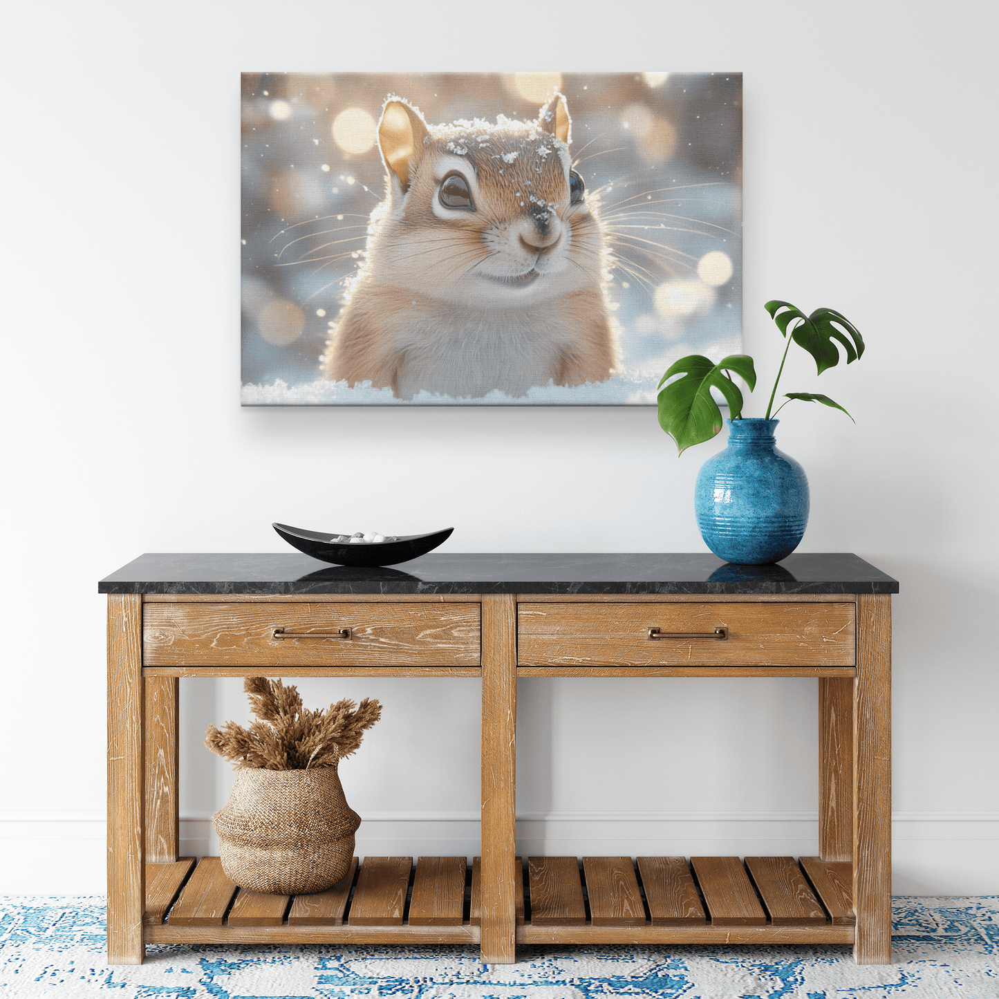 Chipmunk In Snowy Forest Surrounded By Glowing Frost Covered Branches And Twinkling Snowflakes Canvas Wall Art Decor - Awakening Righteousness