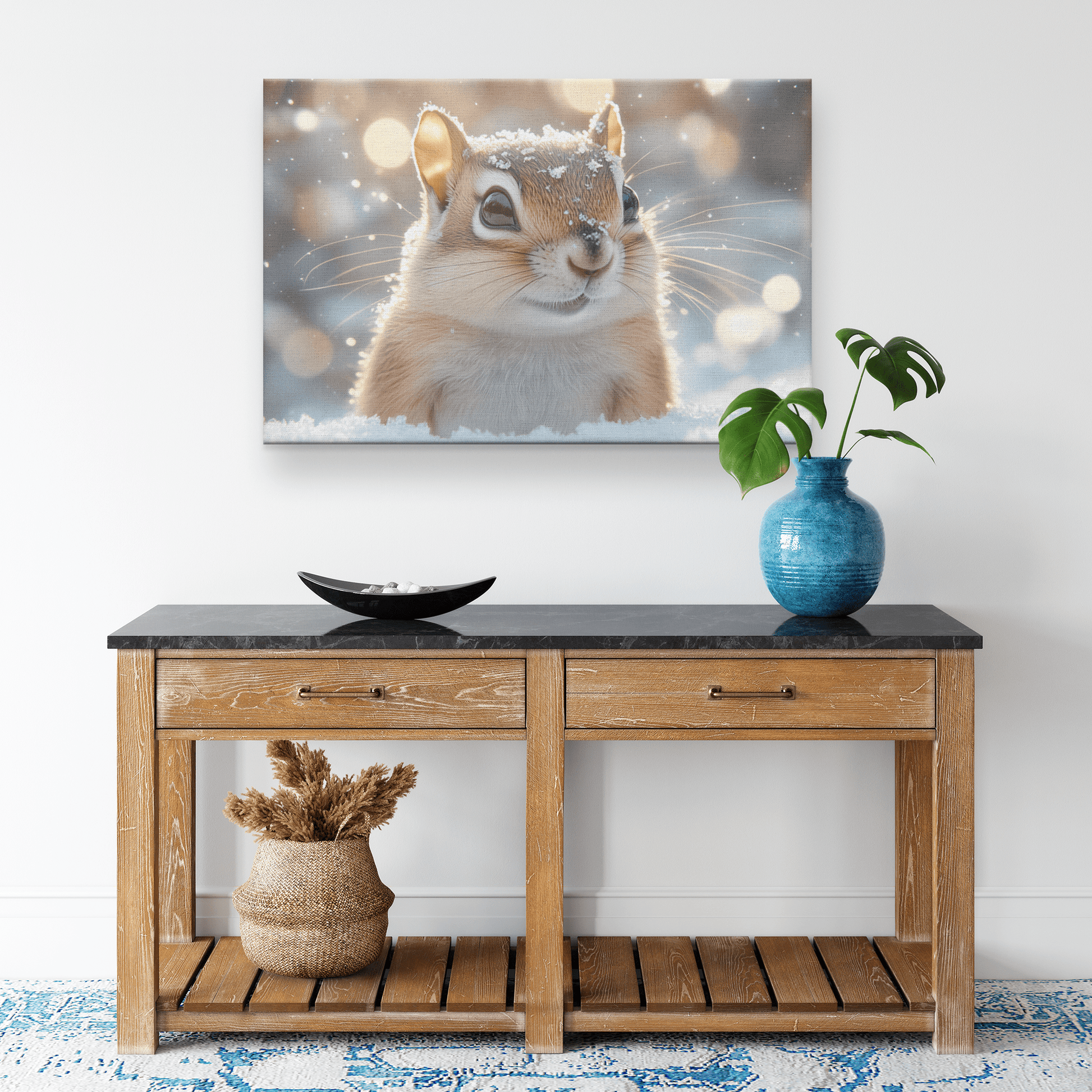 Chipmunk In Snowy Forest Surrounded By Glowing Frost Covered Branches And Twinkling Snowflakes Canvas Wall Art Decor - Awakening Righteousness