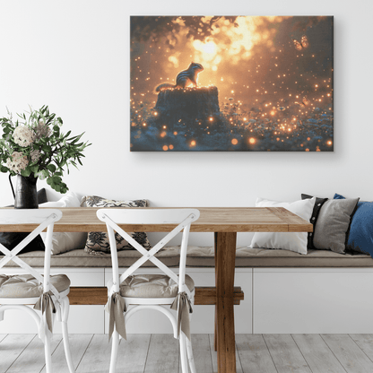 Chipmunk On Glowing Tree Stump With Bioluminescent Mushrooms And Fireflies Under Twilight Canvas Wall Art Decor - Awakening Righteousness
