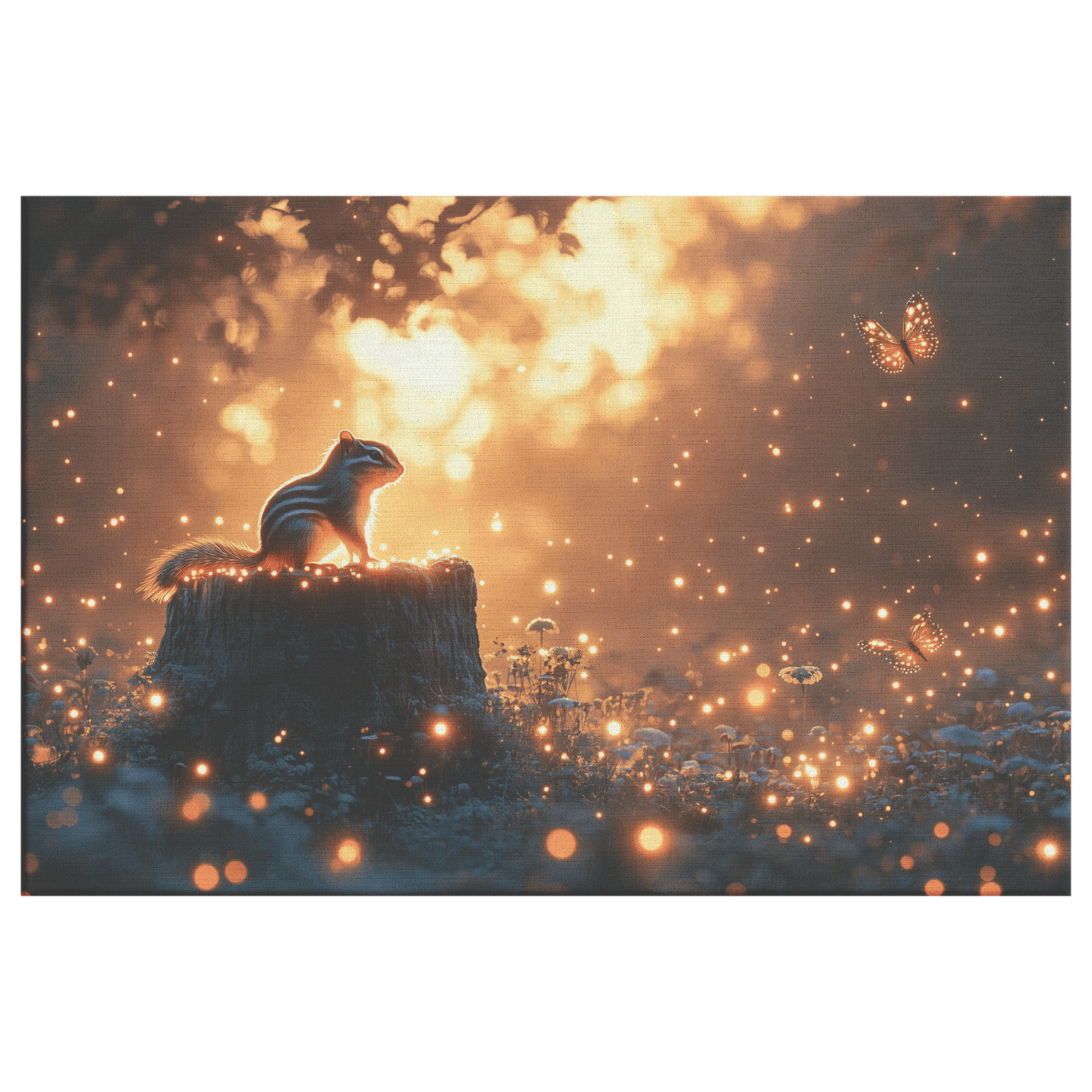 Chipmunk On Glowing Tree Stump With Bioluminescent Mushrooms And Fireflies Under Twilight Canvas Wall Art Decor - Awakening Righteousness
