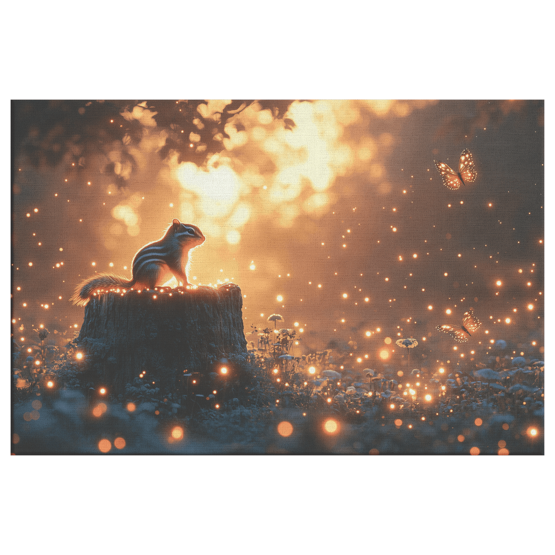 Chipmunk On Glowing Tree Stump With Bioluminescent Mushrooms And Fireflies Under Twilight Canvas Wall Art Decor - Awakening Righteousness