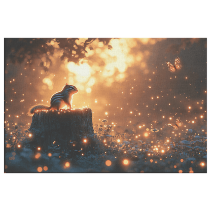 Chipmunk On Glowing Tree Stump With Bioluminescent Mushrooms And Fireflies Under Twilight Canvas Wall Art Decor - Awakening Righteousness