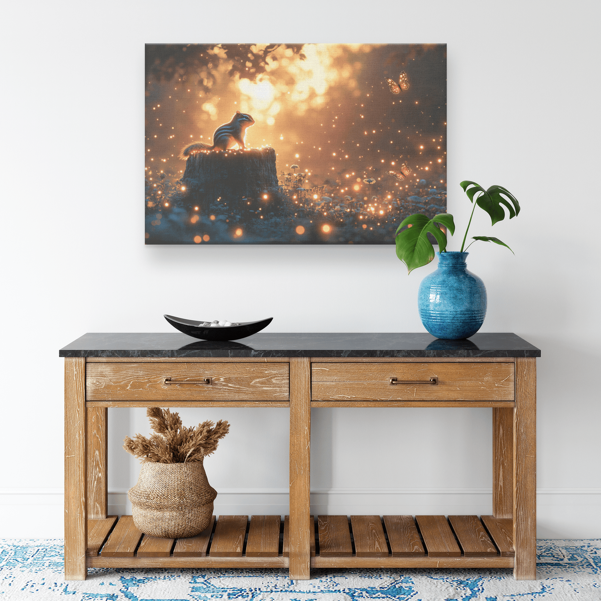 Chipmunk On Glowing Tree Stump With Bioluminescent Mushrooms And Fireflies Under Twilight Canvas Wall Art Decor - Awakening Righteousness