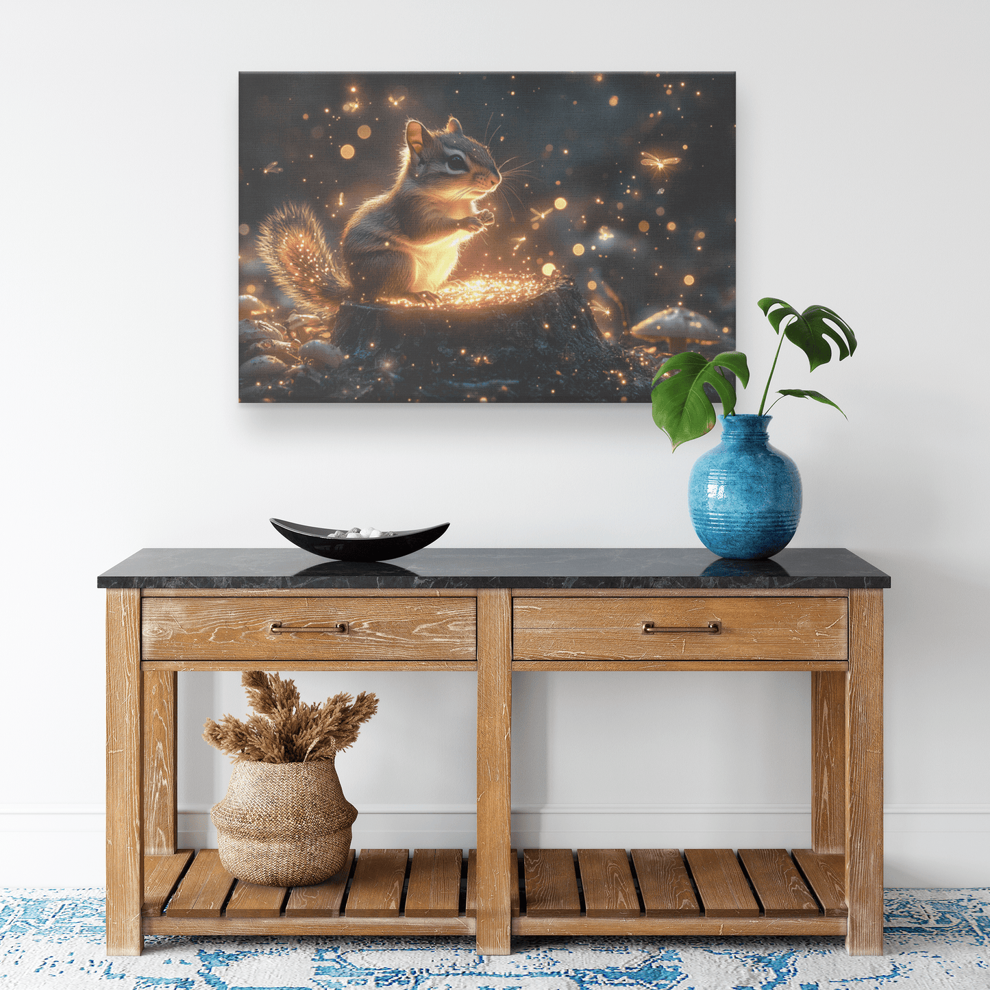 Chipmunk On Glowing Tree Stump With Bioluminescent Mushrooms And Fireflies Under Twilight Forest Sky Canvas Wall Art Decor - Awakening Righteousness