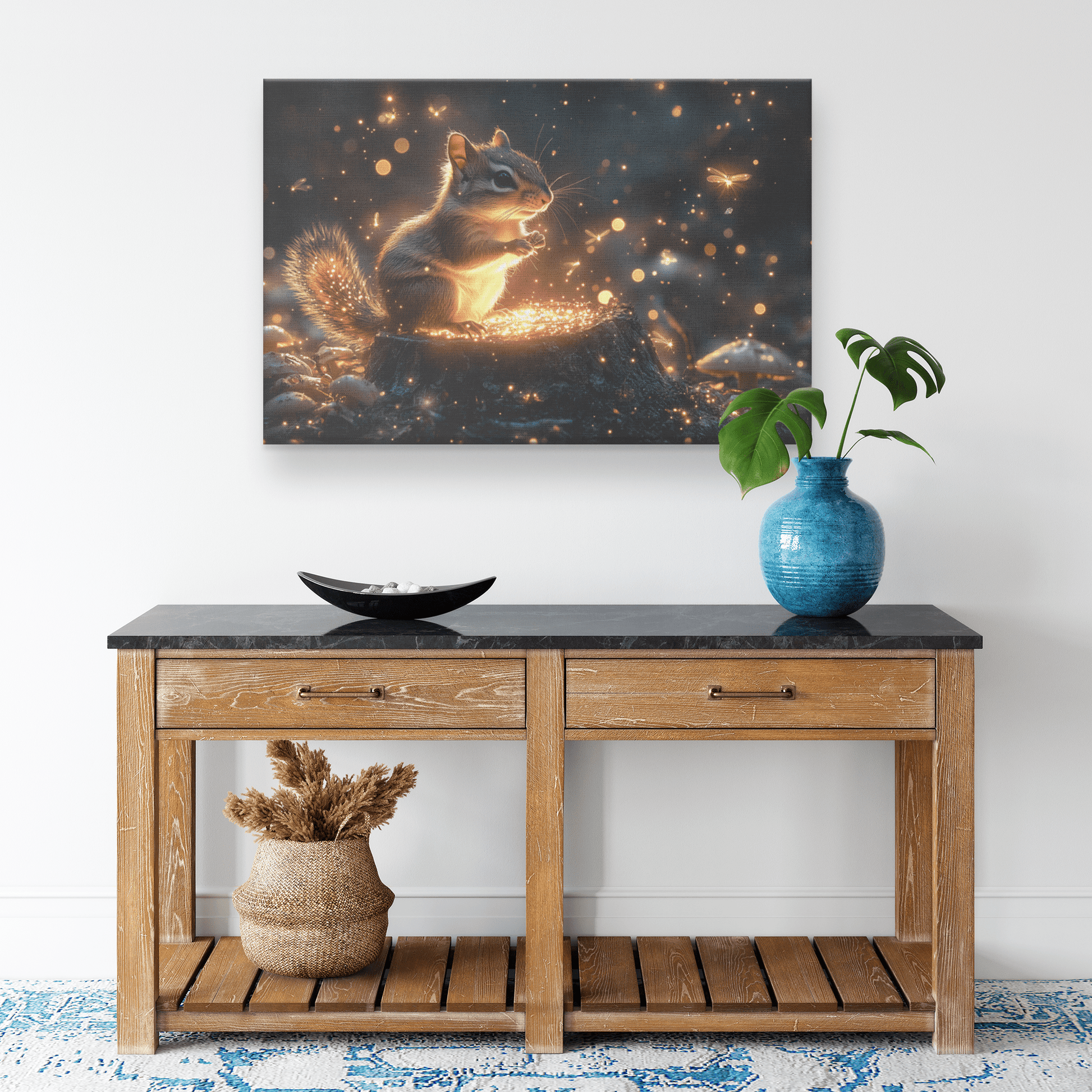 Chipmunk On Glowing Tree Stump With Bioluminescent Mushrooms And Fireflies Under Twilight Forest Sky Canvas Wall Art Decor - Awakening Righteousness