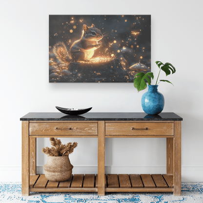 Chipmunk On Glowing Tree Stump With Bioluminescent Mushrooms And Fireflies Under Twilight Forest Sky Canvas Wall Art Decor - Awakening Righteousness