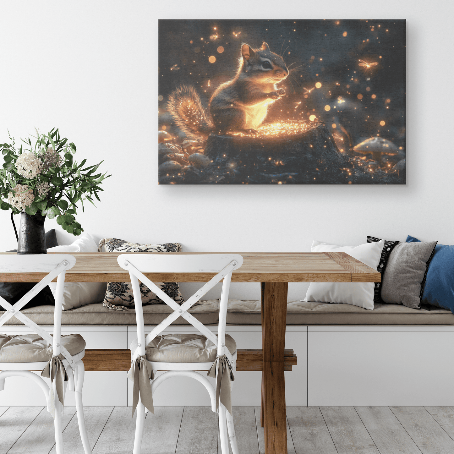 Chipmunk On Glowing Tree Stump With Bioluminescent Mushrooms And Fireflies Under Twilight Forest Sky Canvas Wall Art Decor - Awakening Righteousness