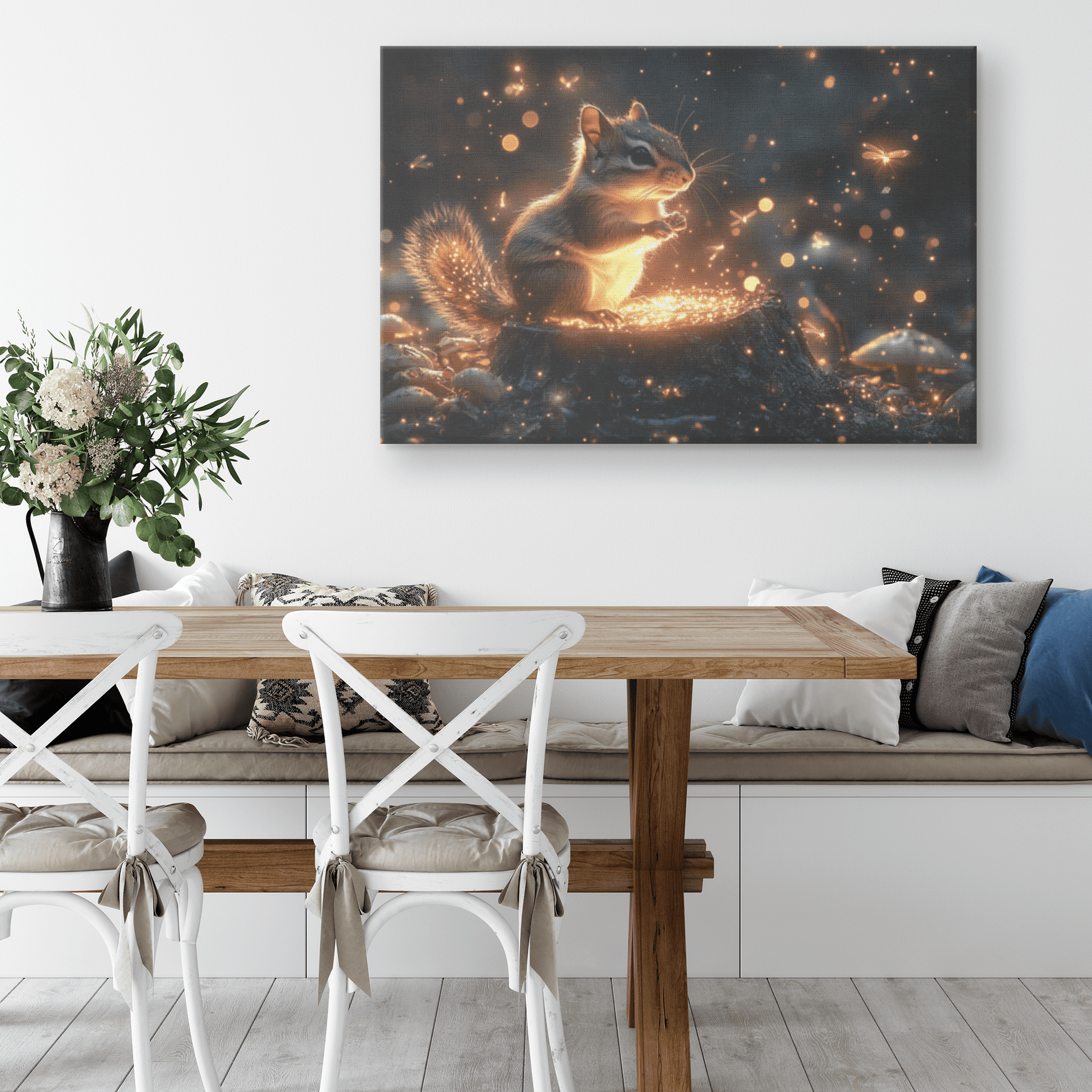 Chipmunk On Glowing Tree Stump With Bioluminescent Mushrooms And Fireflies Under Twilight Forest Sky Canvas Wall Art Decor - Awakening Righteousness