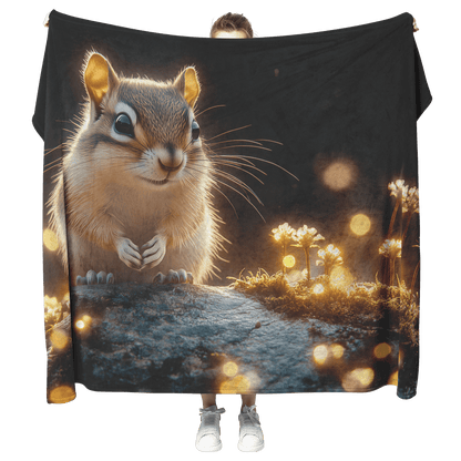 Chipmunk Perched on Mossy Stone Surrounded by Glowing Plants and Ethereal Mist in Magical Twilight Forest Fleece Sherpa Blanket - Awakening Righteousness