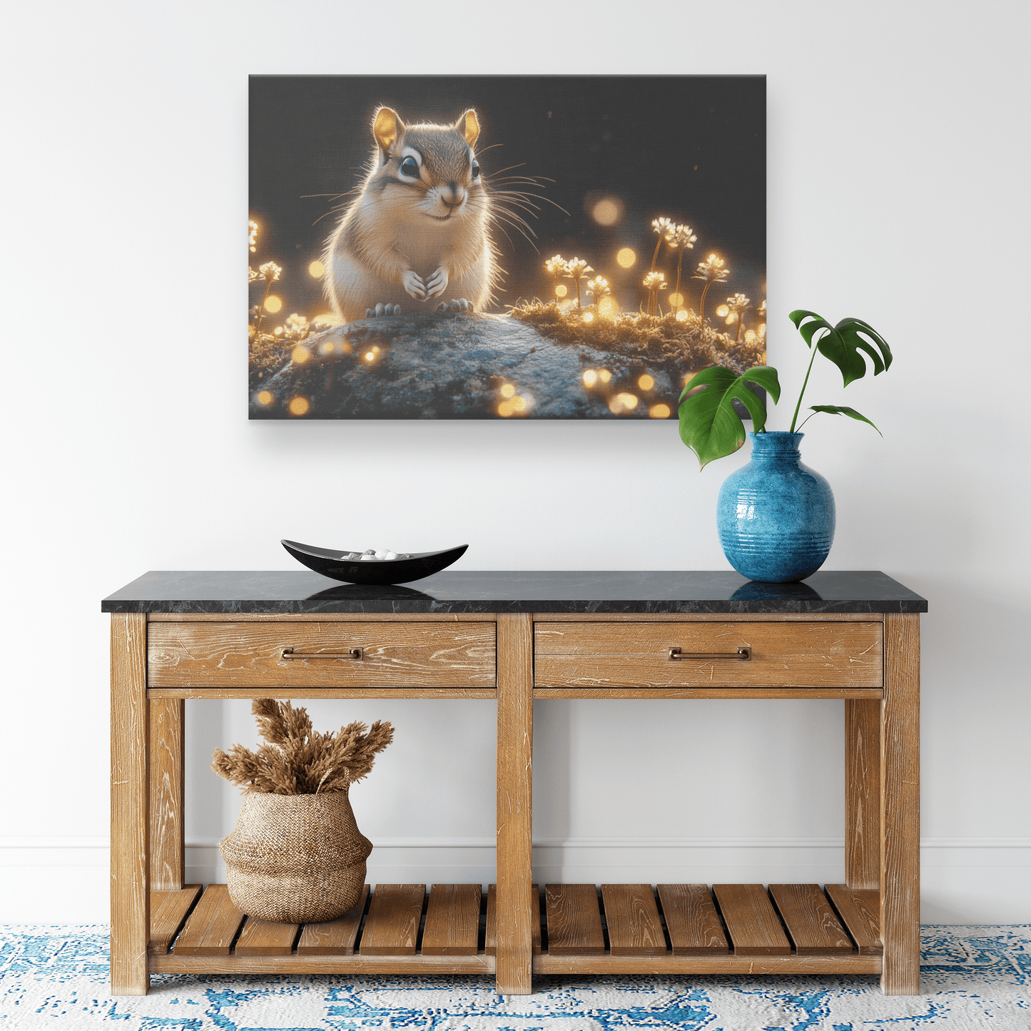 Chipmunk Perched On Mossy Stone With Glowing Plants And Ethereal Mist In Magical Twilight Forest Canvas Wall Art Decor - Awakening Righteousness