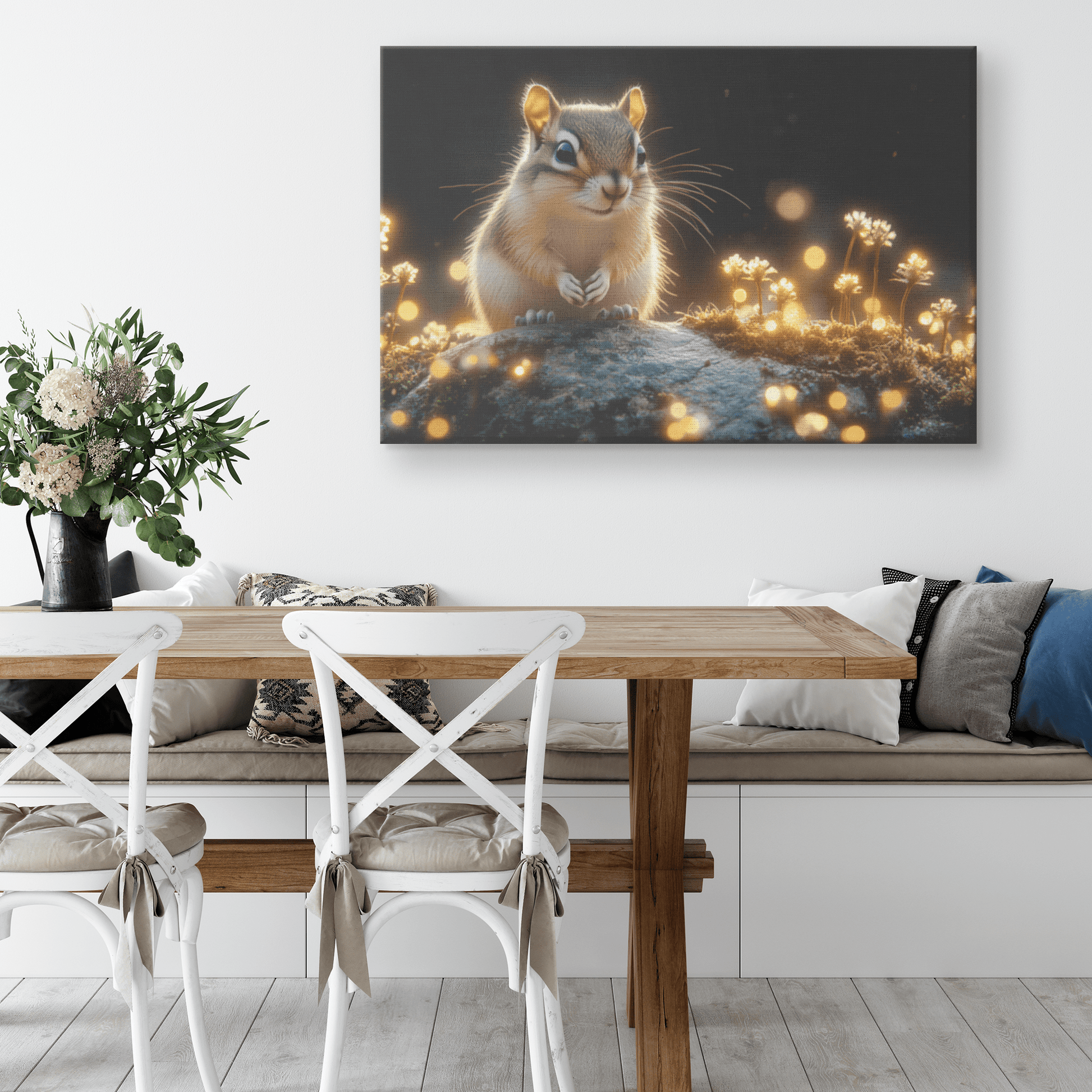 Chipmunk Perched On Mossy Stone With Glowing Plants And Ethereal Mist In Magical Twilight Forest Canvas Wall Art Decor - Awakening Righteousness