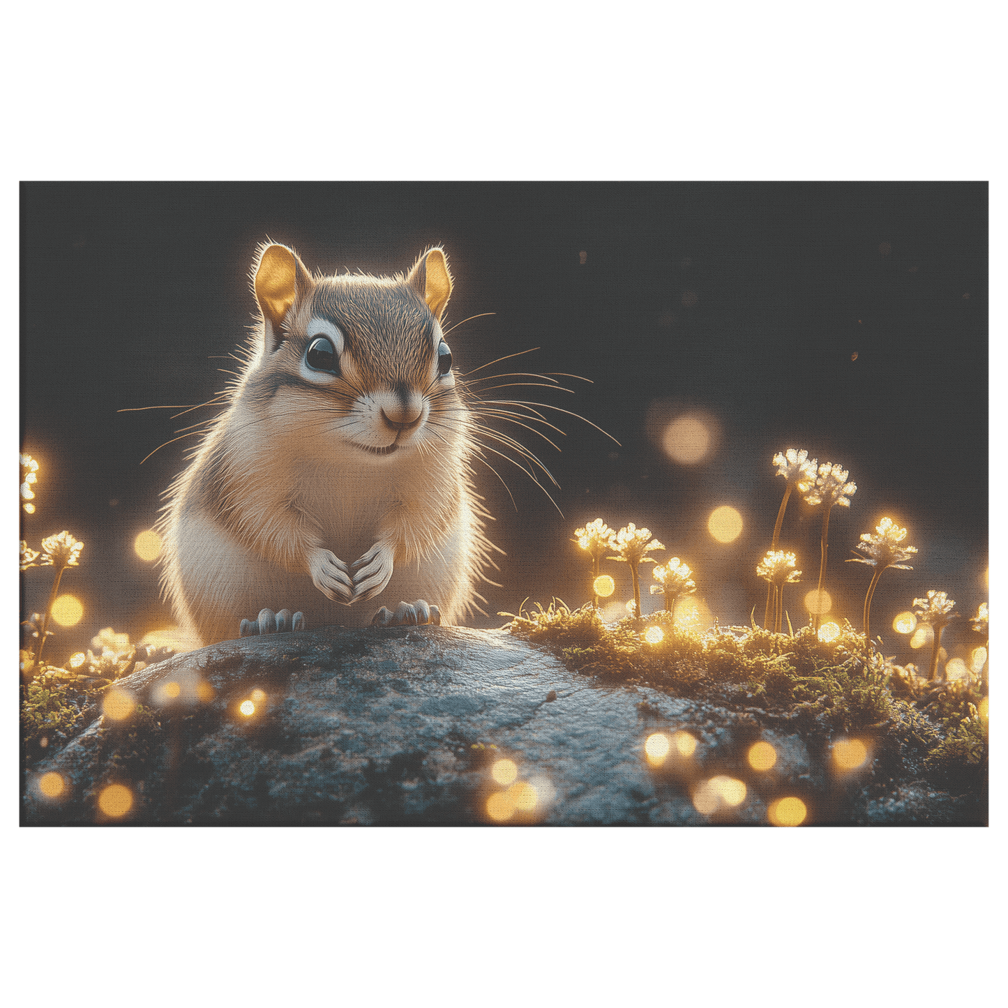 Chipmunk Perched On Mossy Stone With Glowing Plants And Ethereal Mist In Magical Twilight Forest Canvas Wall Art Decor - Awakening Righteousness