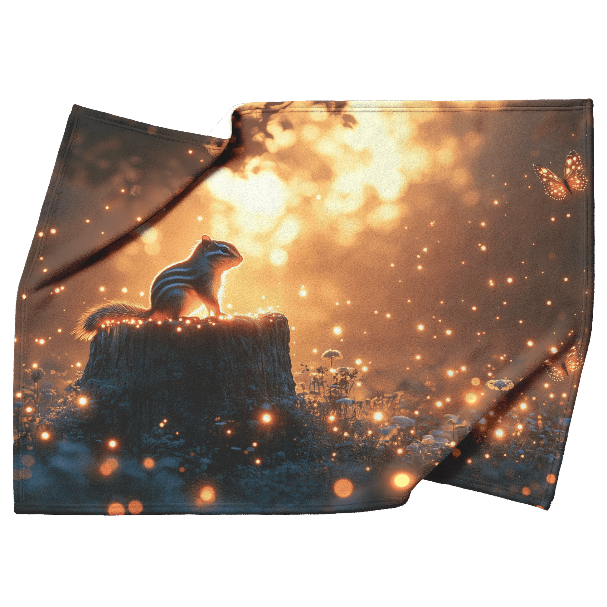Chipmunk Sitting on Glowing Tree Stump Surrounded by Bioluminescent Mushrooms and Fireflies Twilight Forest Fleece Sherpa Blanket - Awakening Righteousness