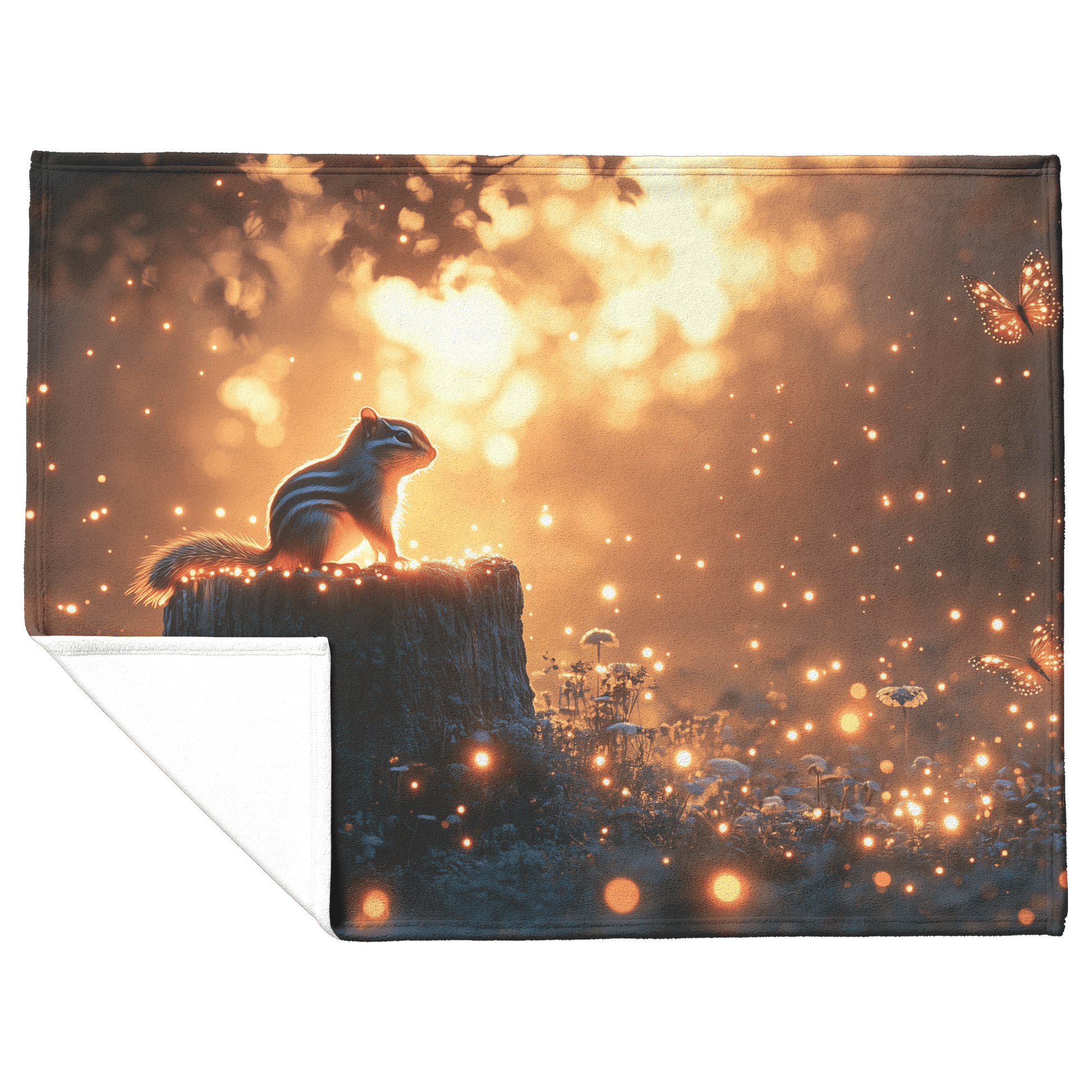 Chipmunk Sitting on Glowing Tree Stump Surrounded by Bioluminescent Mushrooms and Fireflies Twilight Forest Fleece Sherpa Blanket - Awakening Righteousness