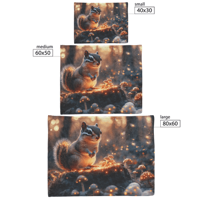 Chipmunk Sitting on Glowing Tree Stump Surrounded by Bioluminescent Mushrooms and Fireflies Under Twilight Sky Fleece Sherpa Blanket - Awakening Righteousness