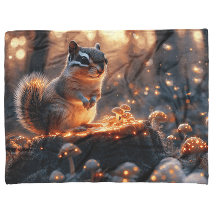 Chipmunk Sitting on Glowing Tree Stump Surrounded by Bioluminescent Mushrooms and Fireflies Under Twilight Sky Fleece Sherpa Blanket - Awakening Righteousness