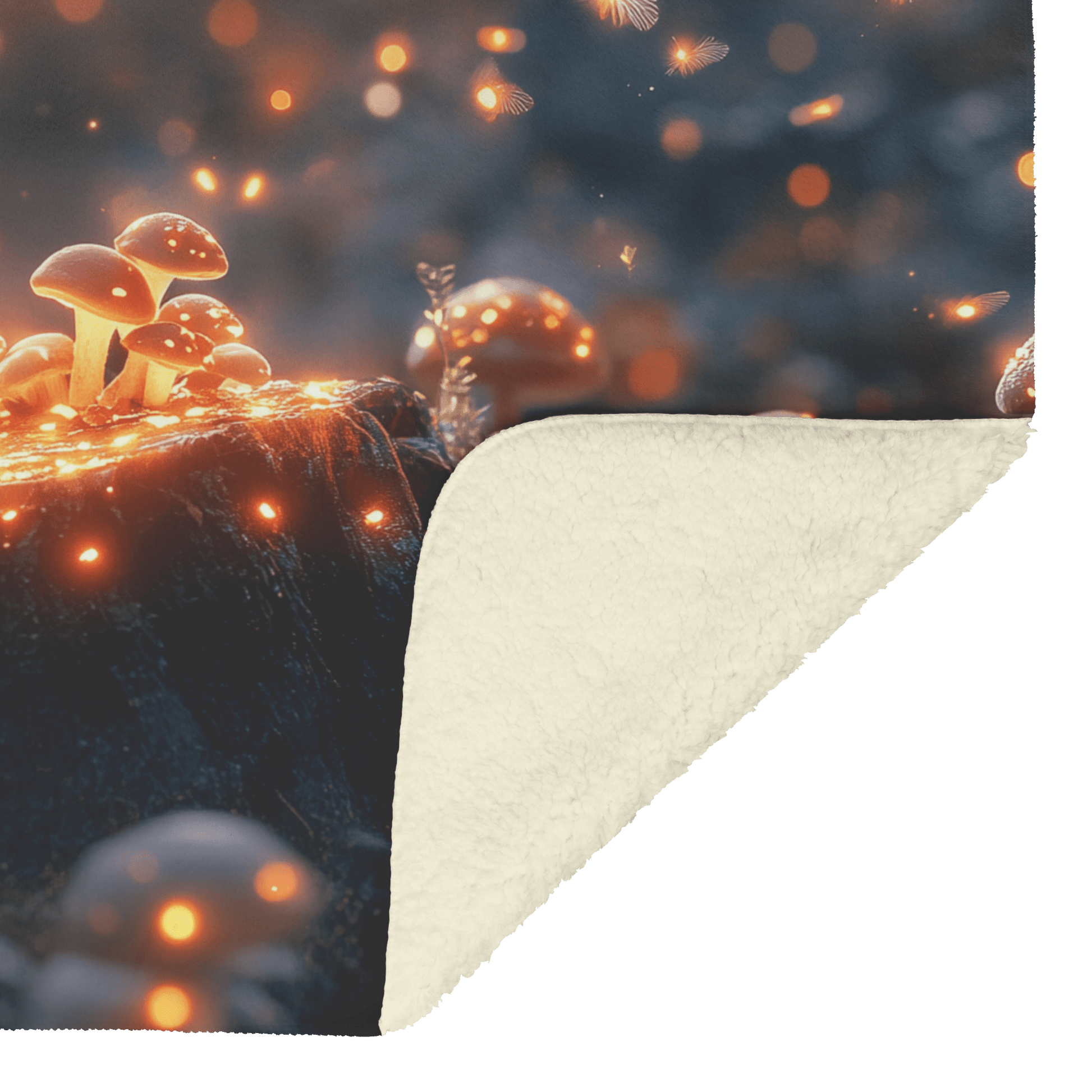 Chipmunk Sitting on Glowing Tree Stump Surrounded by Bioluminescent Mushrooms and Fireflies Under Twilight Sky Fleece Sherpa Blanket - Awakening Righteousness