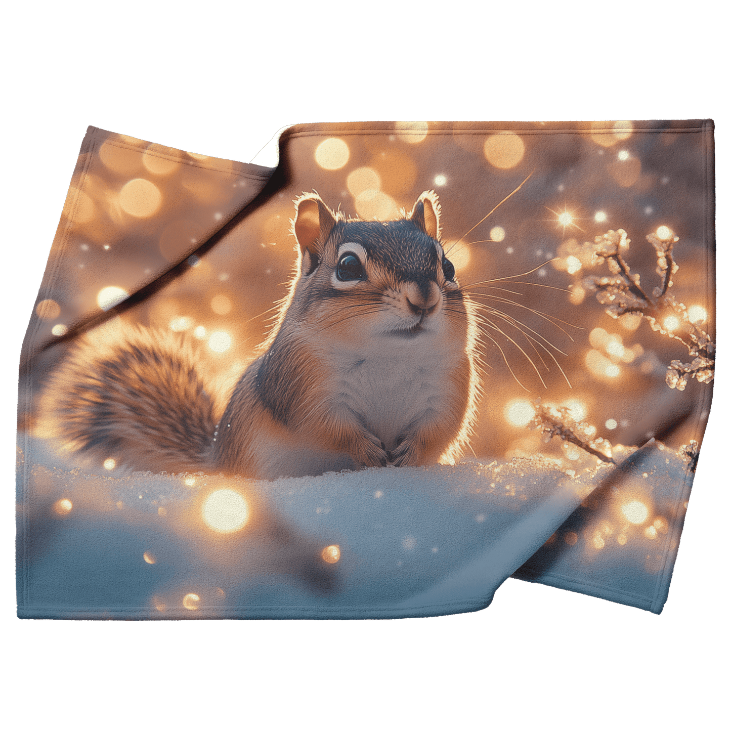 Chipmunk Standing in Snowy Forest Surrounded by Glowing Frost Covered Branches and Twinkling Snowflakes Fleece Sherpa Blanket - Awakening Righteousness