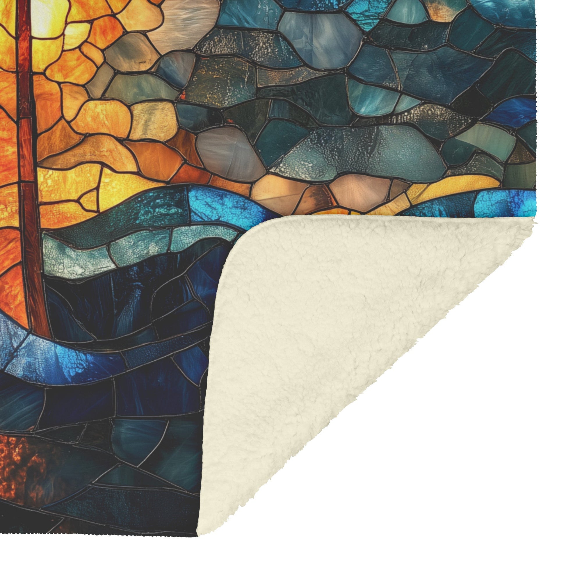 Christian Cross Stained Glass Ocean Sunset Fleece Sherpa Blanket Soft Warm Religious Comfort Cozy Gift - Awakening Righteousness