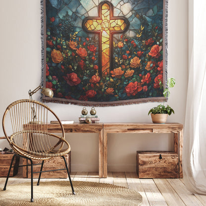 Christian Cross Stained Glass Roses Design Woven Throw Blanket for Faithful Inspirational Home Decor and Cozy Comfort - Awakening Righteousness