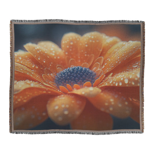 Close Up of Orange Flower with Dew Drops on Petals Woven Throw Blanket for Home Decor - Awakening Righteousness