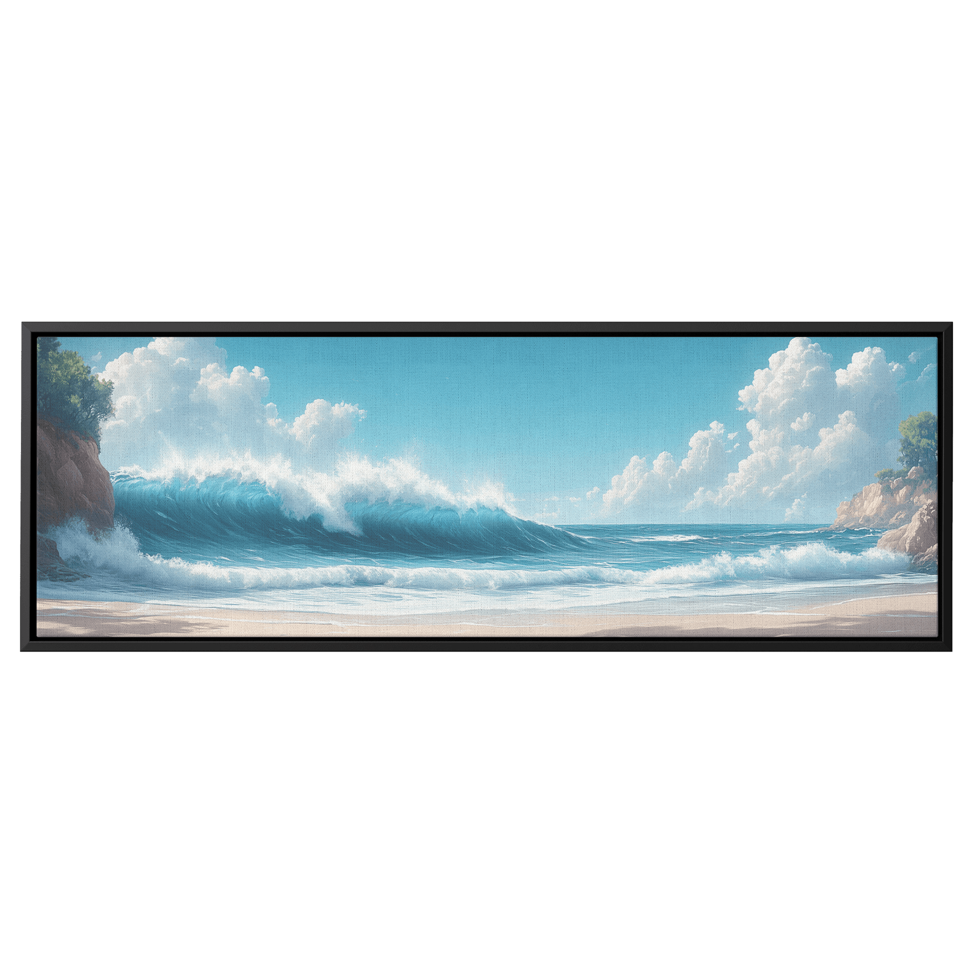Coastal Illustration Rolling Waves Neutral Sandy Tones Soft Taupe Horizon Ultra High Definition Panoramic Framed Canvas Wall Art - Awakening Righteousness