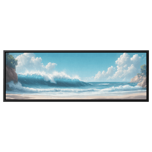 Coastal Illustration Rolling Waves Neutral Sandy Tones Soft Taupe Horizon Ultra High Definition Panoramic Framed Canvas Wall Art - Awakening Righteousness