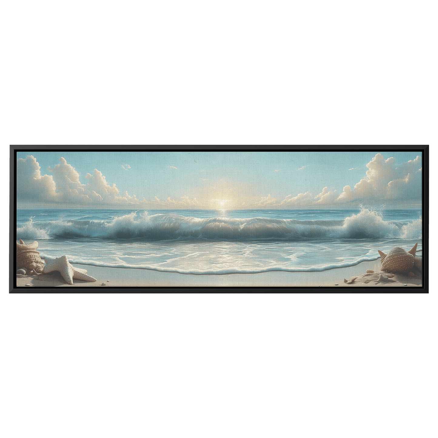 Coastal Illustration Rolling Waves Neutral Sandy Tones Soft Taupe Horizon Ultra High Definition Panoramic Framed Canvas Wall Art - Awakening Righteousness