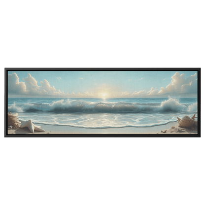Coastal Illustration Rolling Waves Neutral Sandy Tones Soft Taupe Horizon Ultra High Definition Panoramic Framed Canvas Wall Art - Awakening Righteousness