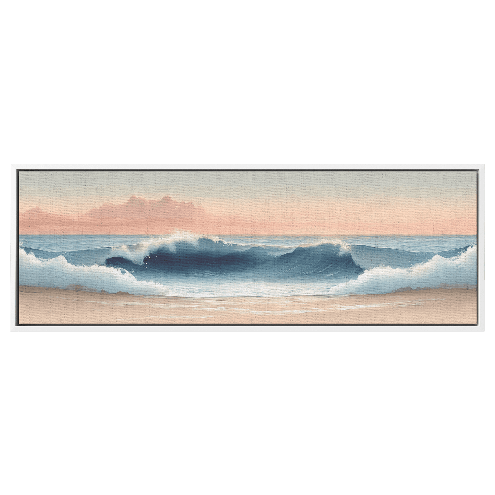 Coastal Illustration Rolling Waves Neutral Sandy Tones Soft Taupe Horizon Ultra High Definition Panoramic Framed Canvas Wall Art - Awakening Righteousness