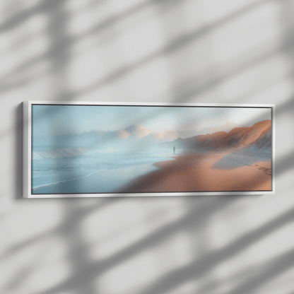 Coastal Scene Soft Waves Muted Pastel Skies Neutral Sandy Shores Ultra High Definition Minimalist Panoramic Framed Canvas Wall Art - Awakening Righteousness