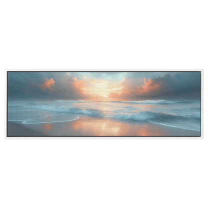 Coastal Scene Soft Waves Muted Pastel Skies Neutral Sandy Shores Ultra High Definition Minimalist Panoramic Framed Canvas Wall Art - Awakening Righteousness
