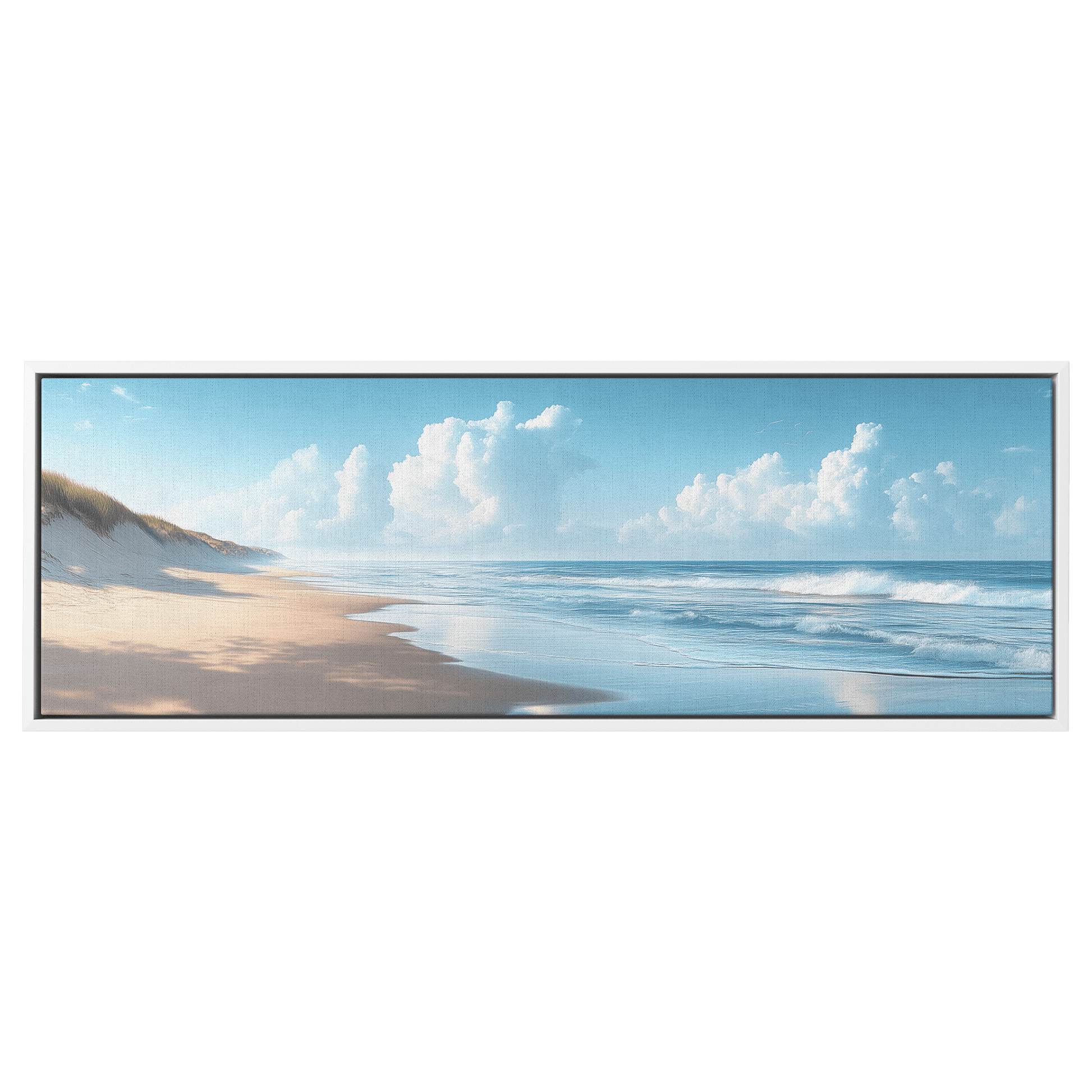 Coastal Scene Soft Waves Muted Pastel Skies Neutral Sandy Shores Ultra High Definition Minimalist Panoramic Framed Canvas Wall Art - Awakening Righteousness