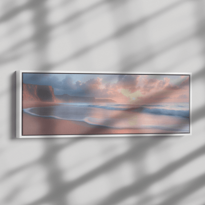 Coastal Scene Soft Waves Muted Pastel Skies Neutral Sandy Shores Ultra High Definition Minimalist Panoramic Framed Canvas Wall Art - Awakening Righteousness