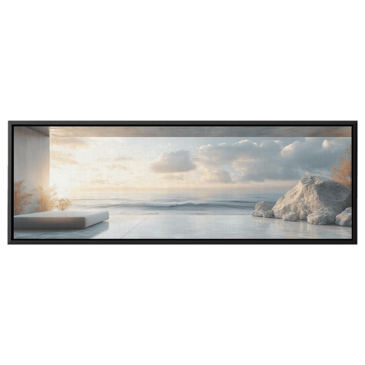 Coastal View Calm Waves Beige Gray Muted Tones Minimalist Detailing Ultra High Definition Tranquil Panoramic Framed Canvas Wall Art - Awakening Righteousness