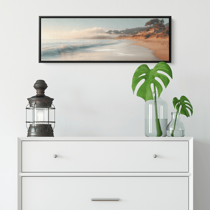 Coastal View Calm Waves Beige Gray Muted Tones Minimalist Detailing Ultra High Definition Tranquil Panoramic Framed Canvas Wall Art - Awakening Righteousness