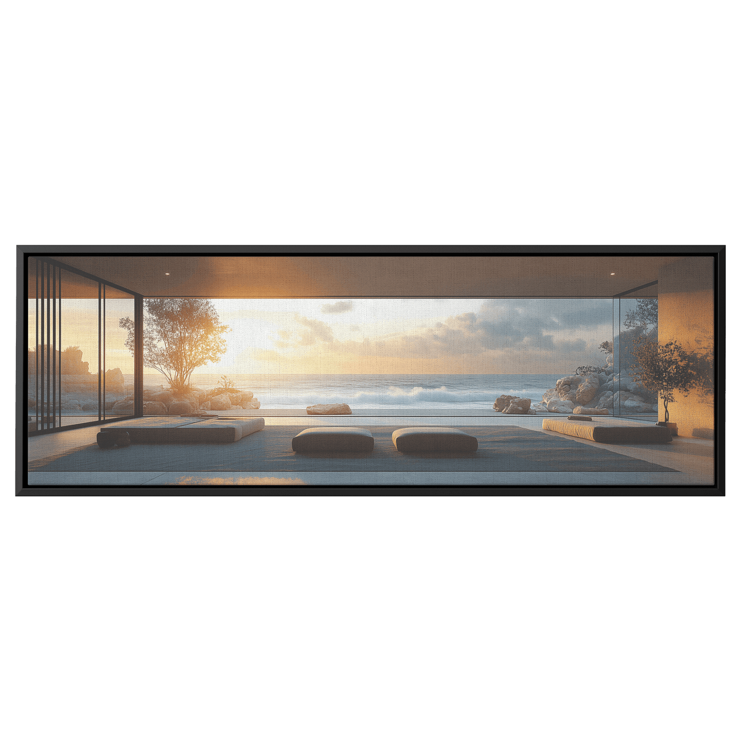 Coastal View Calm Waves Beige Gray Muted Tones Minimalist Detailing Ultra High Definition Tranquil Panoramic Framed Canvas Wall Art - Awakening Righteousness