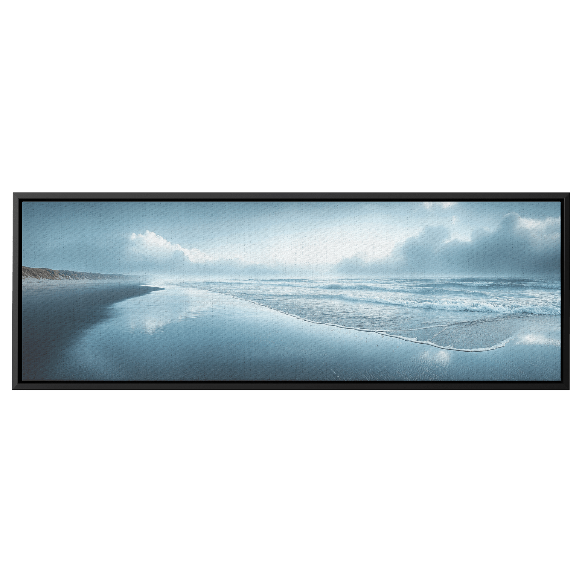 Coastline Scene Muted Gray Tones Rolling Waves Soft Sandy Shore Ultra High Definition Elegant Simplicity Panoramic Framed Canvas Wall Art - Awakening Righteousness