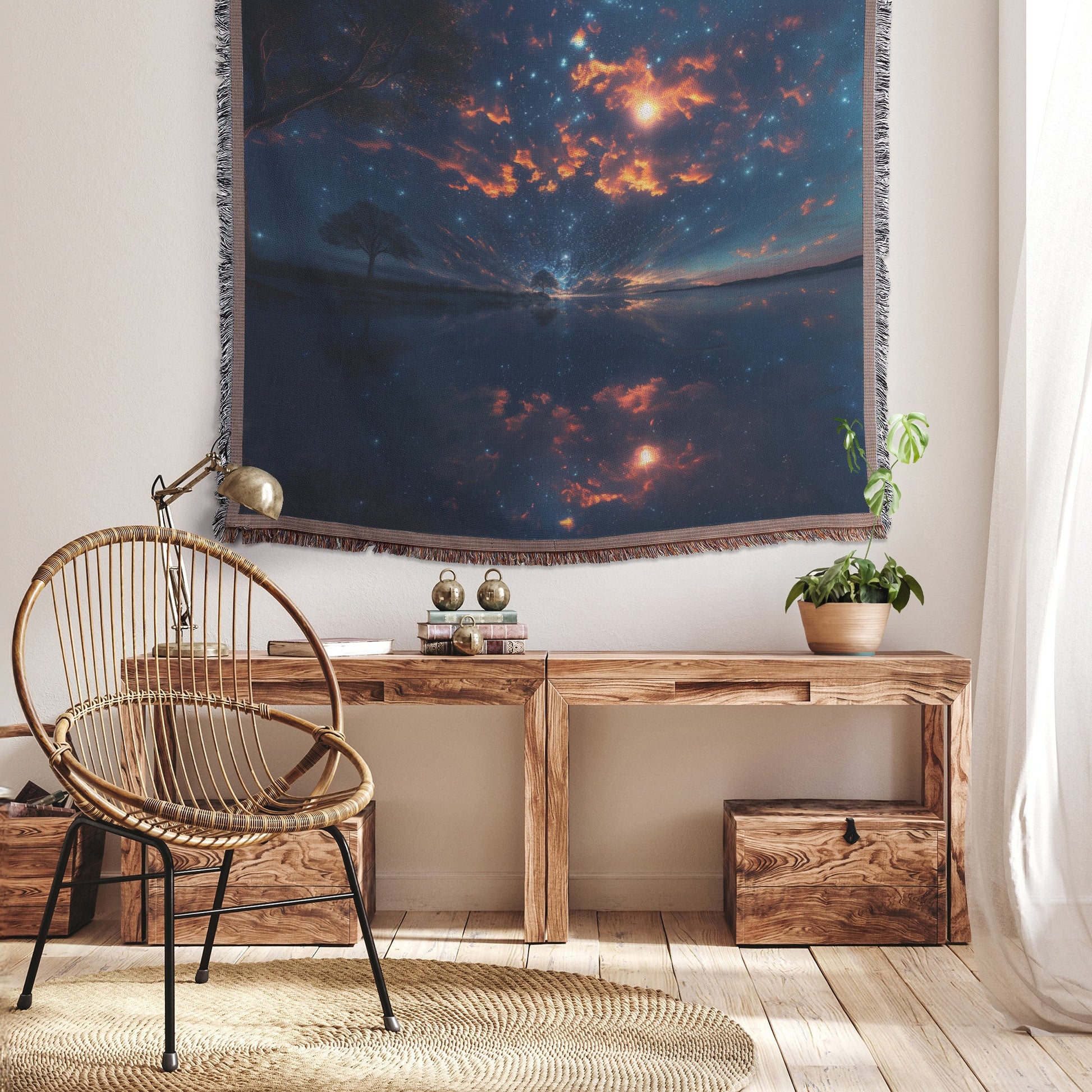 Cosmic Reflection of Trees and Stars by the Water Woven Throw Blanket for Home Decor - Awakening Righteousness