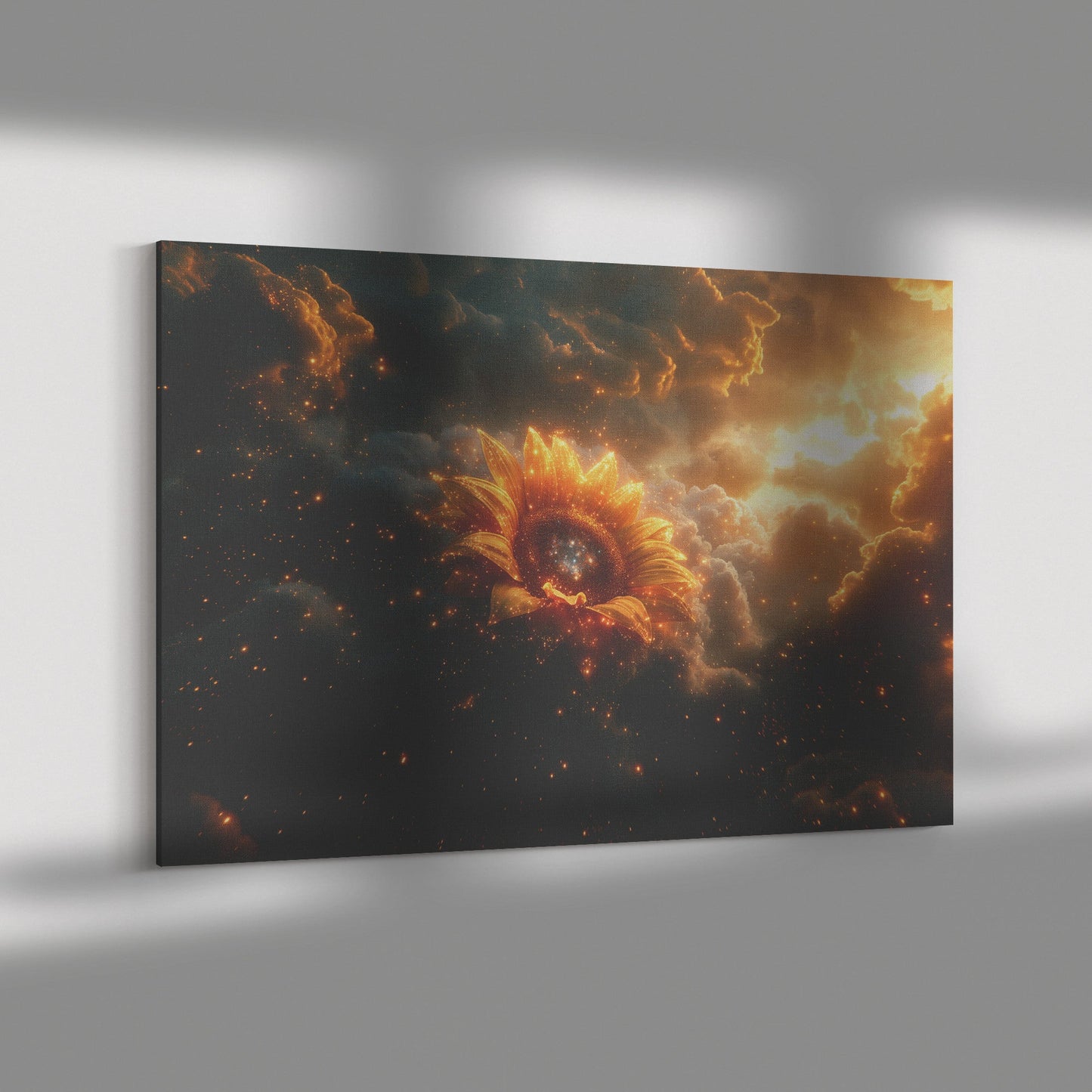 Cosmic Sunflower Golden Petals Starry Galaxy Center Celestial Clouds Stardust Ethereal Light Canvas Wall Art - Awakening Righteousness