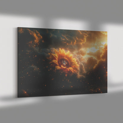 Cosmic Sunflower Golden Petals Starry Galaxy Center Celestial Clouds Stardust Ethereal Light Canvas Wall Art - Awakening Righteousness