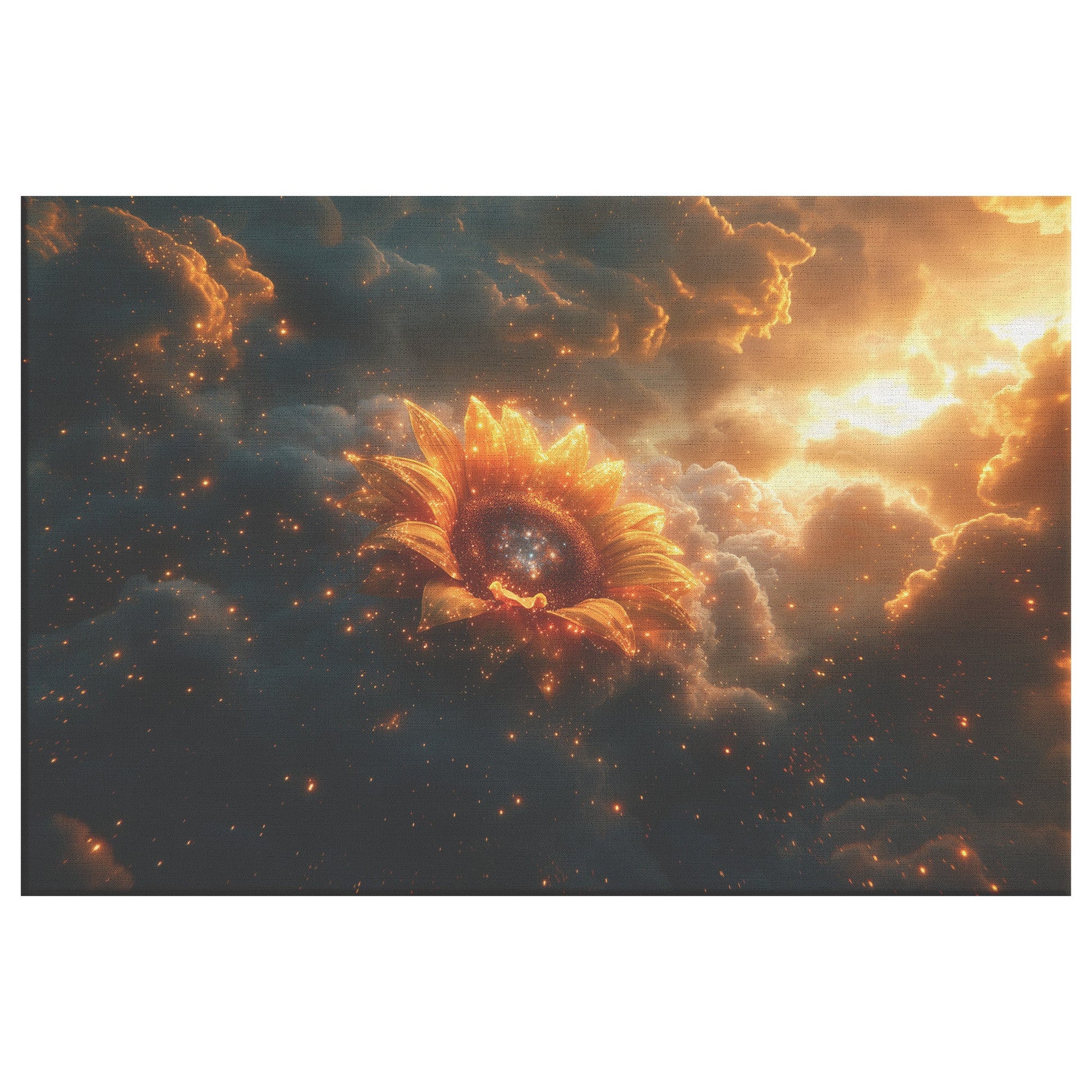 Cosmic Sunflower Golden Petals Starry Galaxy Center Celestial Clouds Stardust Ethereal Light Canvas Wall Art - Awakening Righteousness