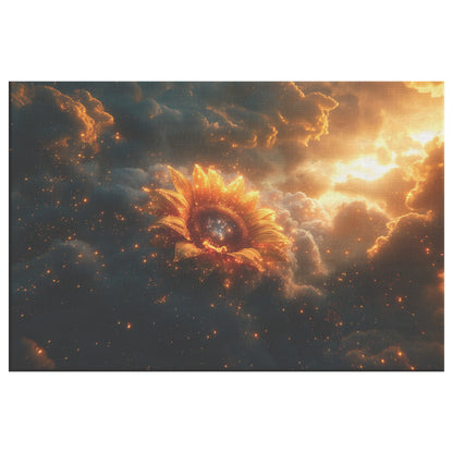 Cosmic Sunflower Golden Petals Starry Galaxy Center Celestial Clouds Stardust Ethereal Light Canvas Wall Art - Awakening Righteousness