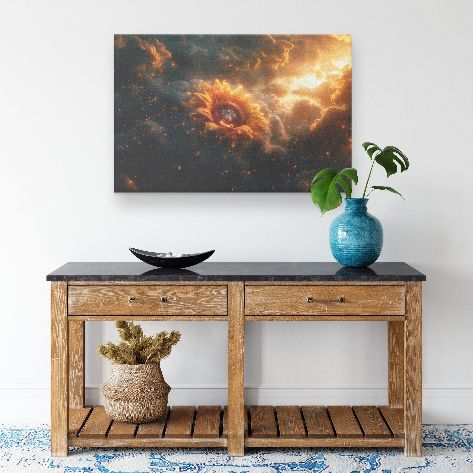 Cosmic Sunflower Golden Petals Starry Galaxy Center Celestial Clouds Stardust Ethereal Light Canvas Wall Art - Awakening Righteousness