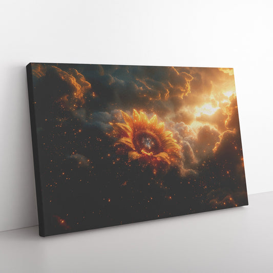 Cosmic Sunflower Golden Petals Starry Galaxy Center Celestial Clouds Stardust Ethereal Light Canvas Wall Art - Awakening Righteousness