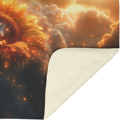 Cosmic Sunflower with Glowing Golden Petals Starry Center Celestial Clouds Stardust Ethereal Light Sherpa Blanket - Awakening Righteousness