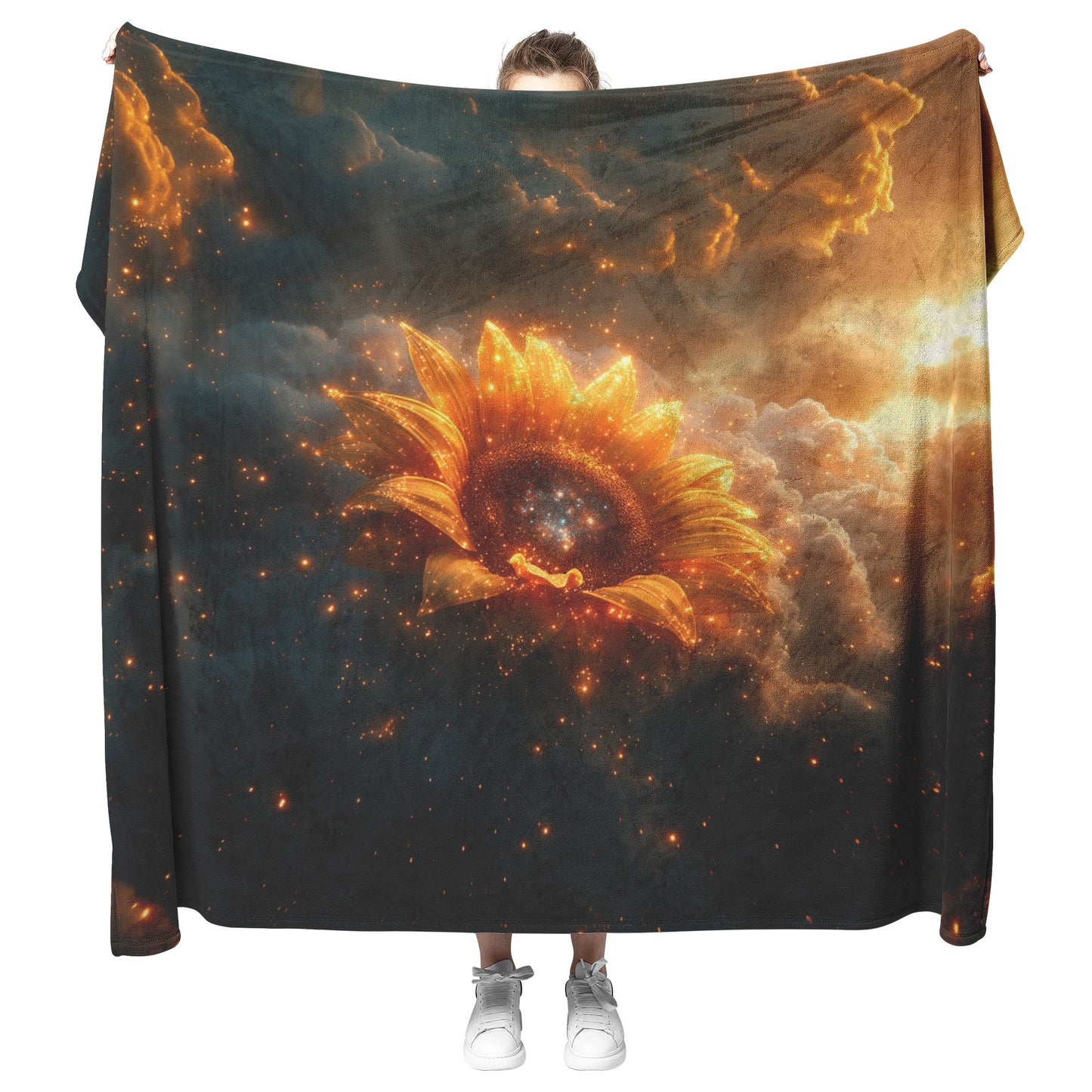 Cosmic Sunflower with Glowing Golden Petals Starry Center Celestial Clouds Stardust Ethereal Light Sherpa Blanket - Awakening Righteousness